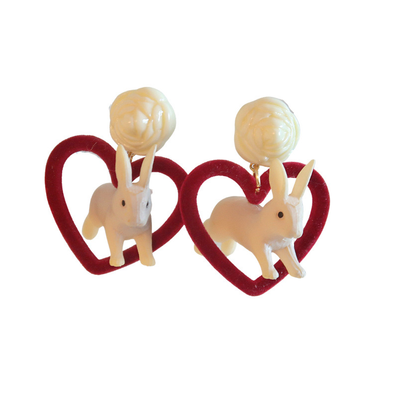 Retro Velvet Red Love Rabbit Earrings Rose Studs Without Pierced Ear Clips