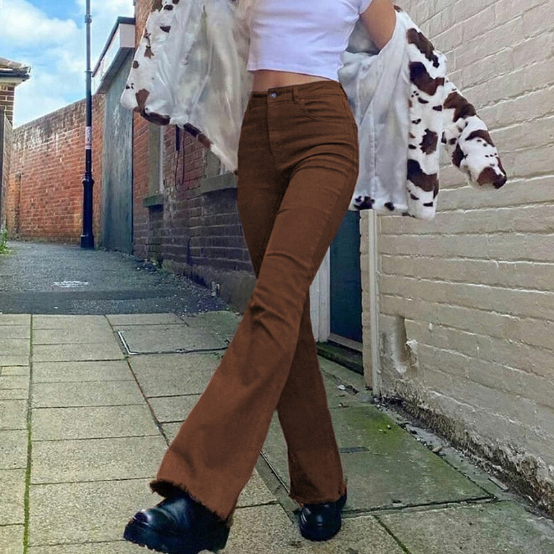 British Style Retro Brown High Waist Stretch Bootcut Jeans Women Casual Pants
