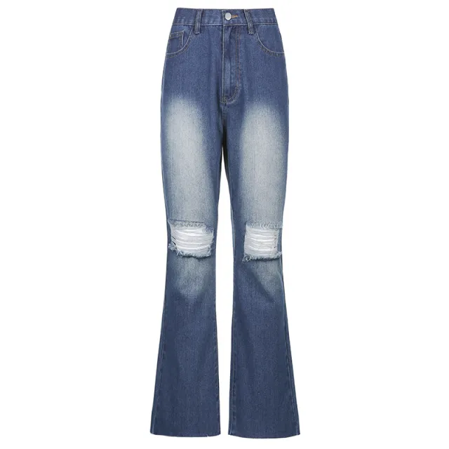 Women's Jeans High Waist Blue Ripped Straight Flared Pants Trousers Dark Blue - Shop at LoveMi