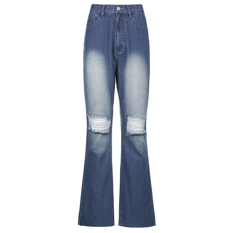 Women's Jeans High Waist Blue Ripped Straight Flared Pants Trousers - Dark Blue