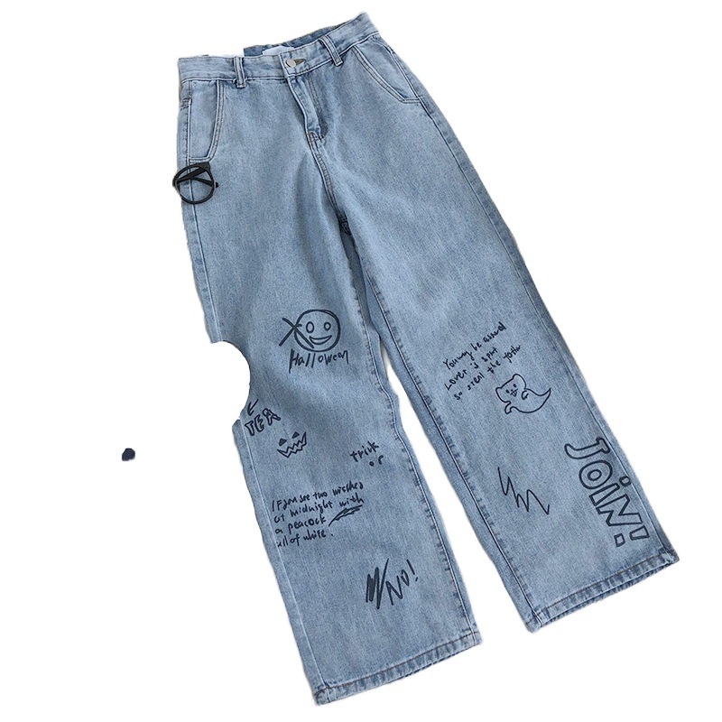 Title 3, Lichtblauwe jeans met hoge taille, los, dun en ...