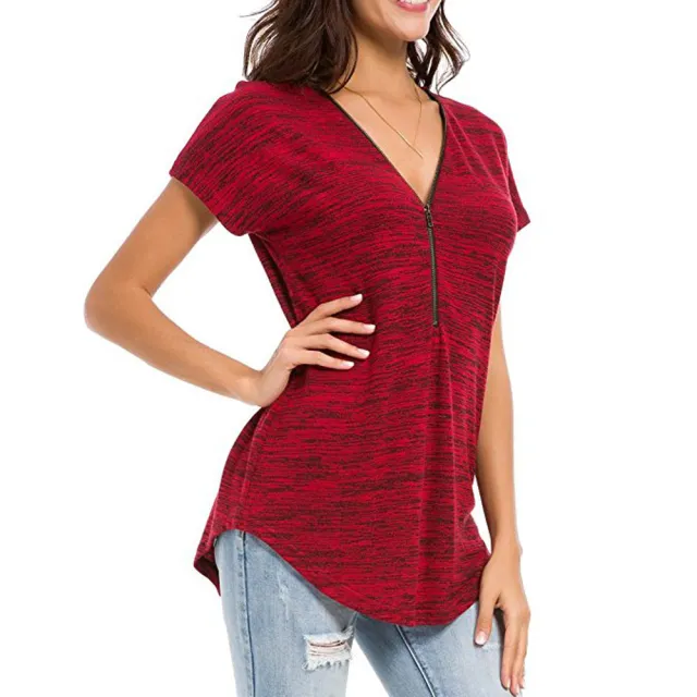 New Solid Color Short Sleeved Zipper Women's Blouse Red - Shop at LoveMi