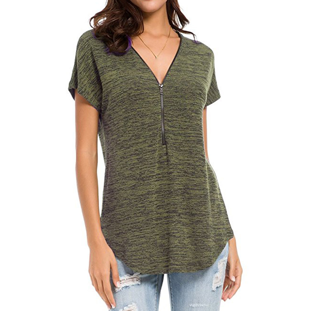 New Solid Color Short Sleeved Zipper Women's Blouse