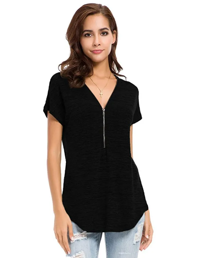 New Solid Color Short Sleeved Zipper Women's Blouse Black - Shop at LoveMi