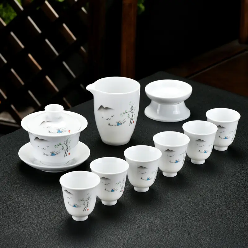Dehua High White Porcelain Cover Bowl Three Talents Bowl Jade Porcelain Kung Fu Tea Set