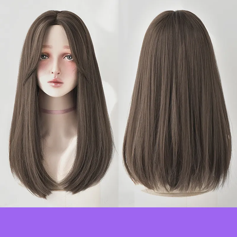 Women's Long Hair, Natural Clavicle Straight Hair Wig Headgear - Cool Brown 50Cm