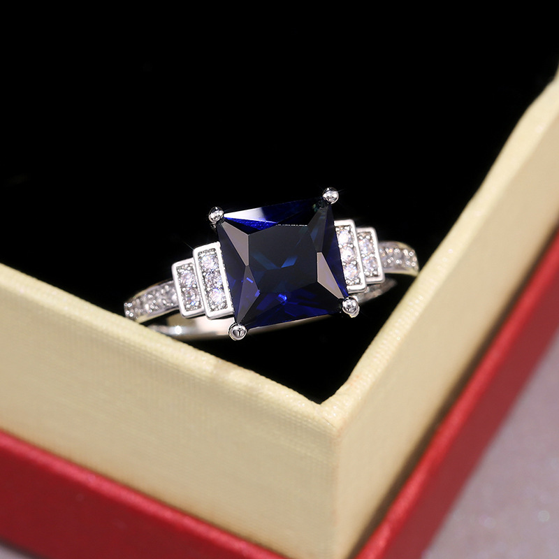 European And American Dark Blue Zircon Plated White Gold Diamond Ring