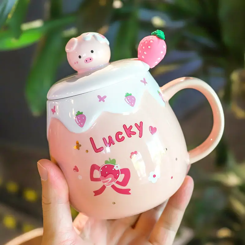 Pig-bellied Ceramic Cup  Girl Heart Cute Water Cup With Lid Office Creative Mug