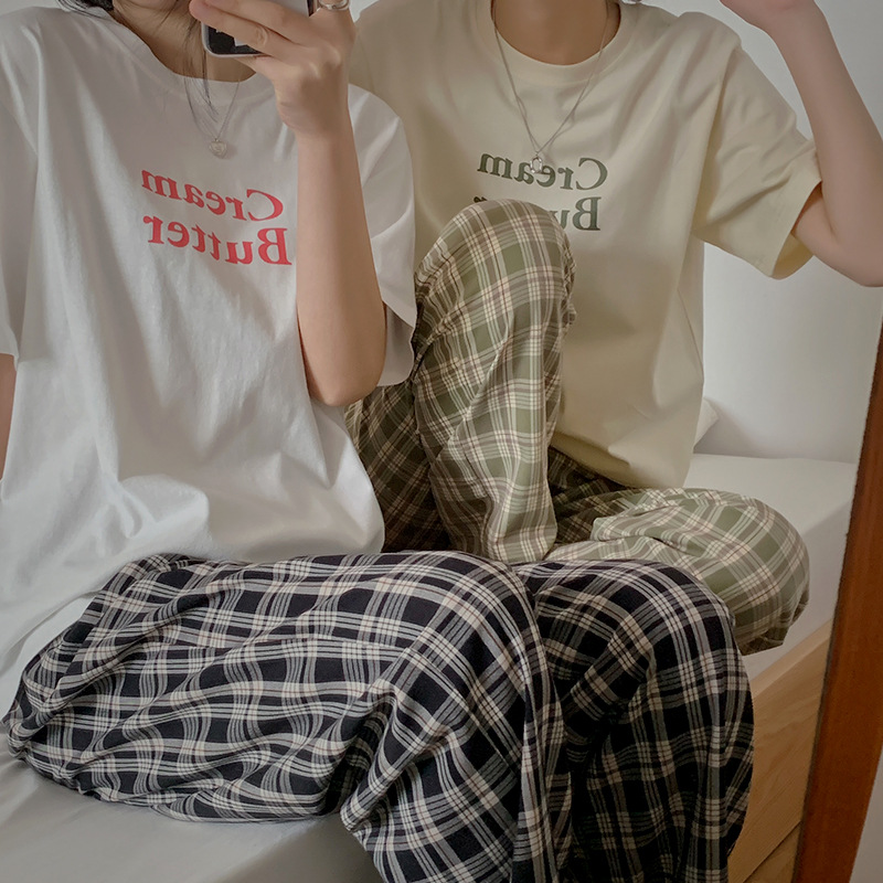 Short-sleeved Loose Cotton T-shirt Wide-leg Trousers Plaid Home Service Suit