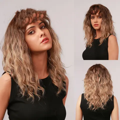 OneNonly Medium Length Curly Wave Ombre Brown Blonde Synthetic