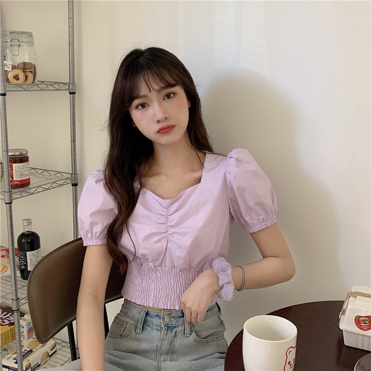 Niche Slim Short Top V-neck Bubble Short-sleeved Shirt Women