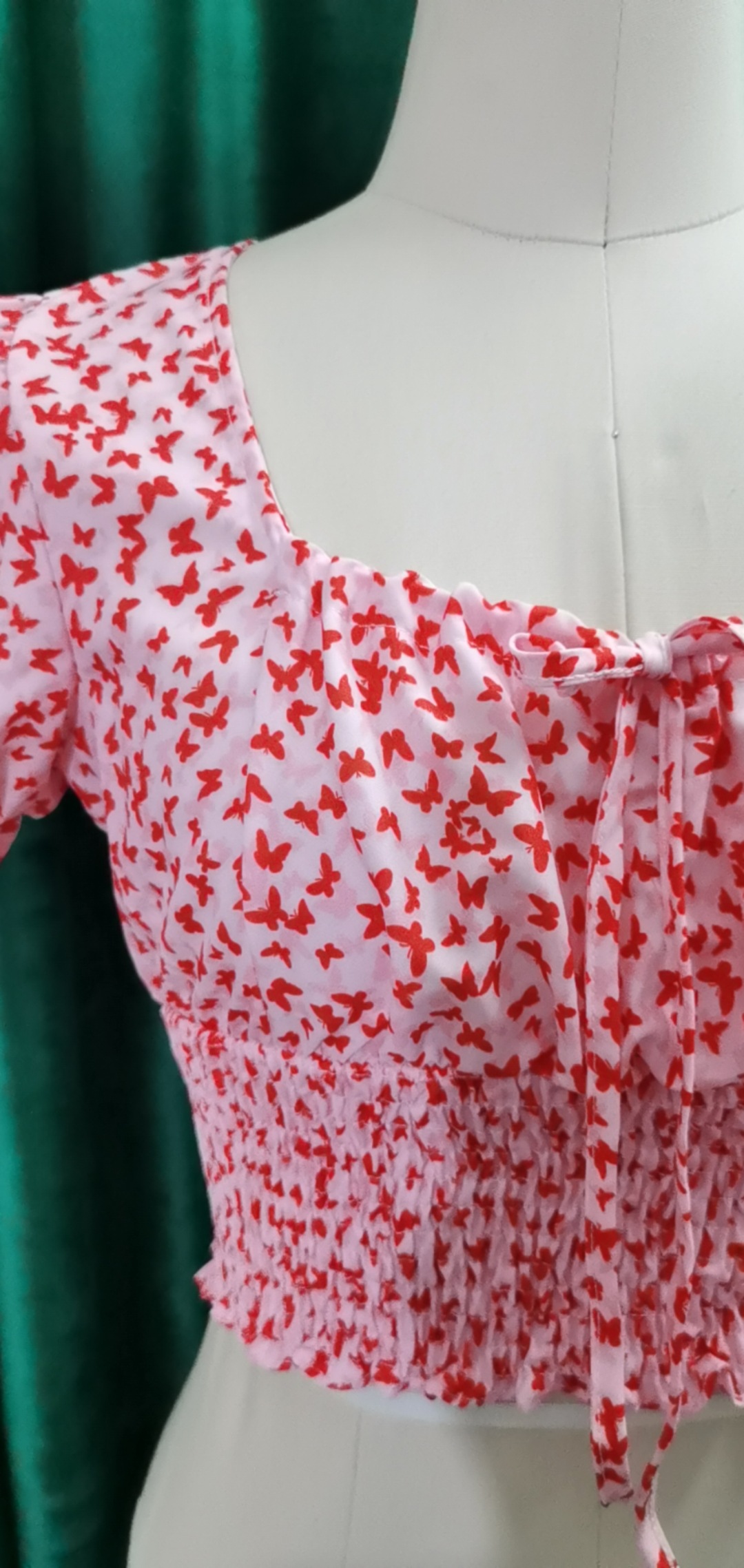 Butterfly Print Square Neckline Drawstring Princess Sleeve Crop Top