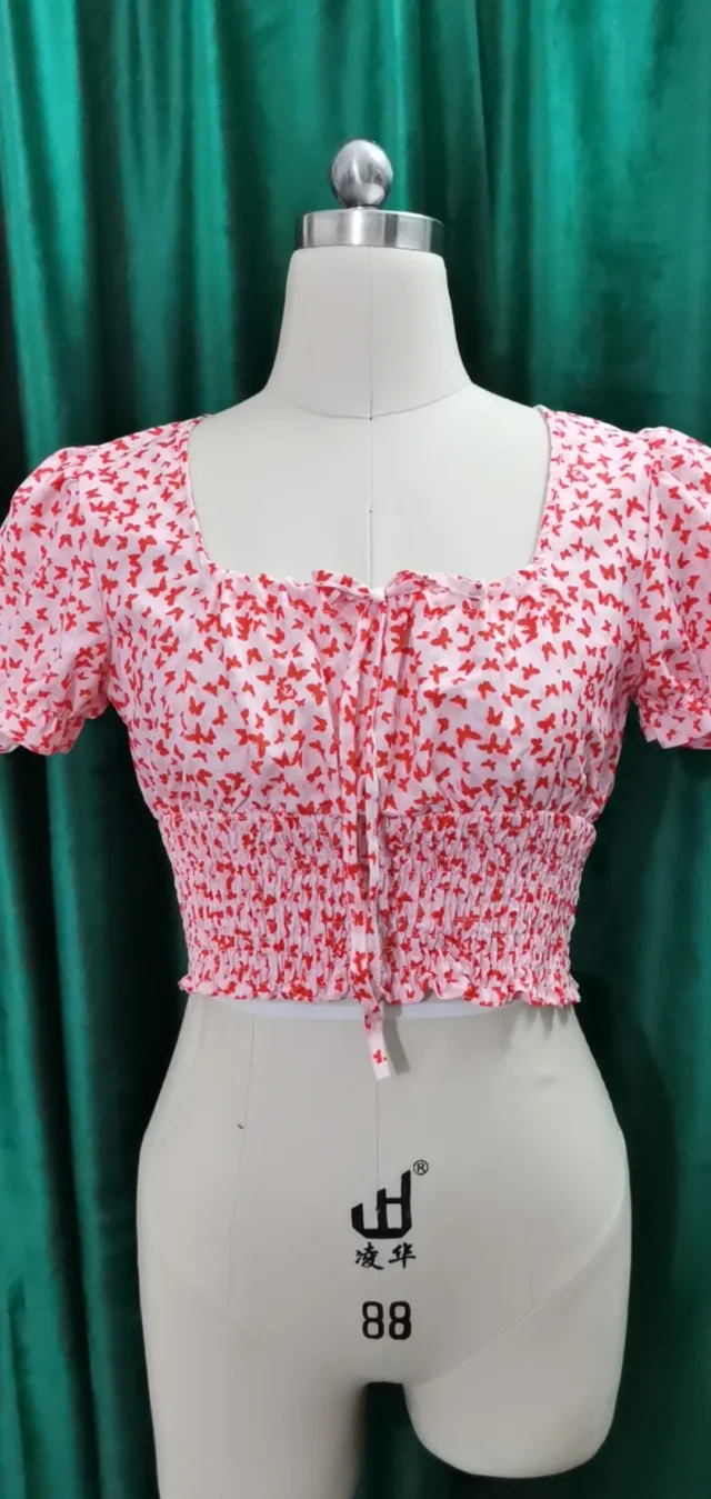 Butterfly Print Square Neckline Drawstring Princess Sleeve Crop Top Red - Shop at LoveMi