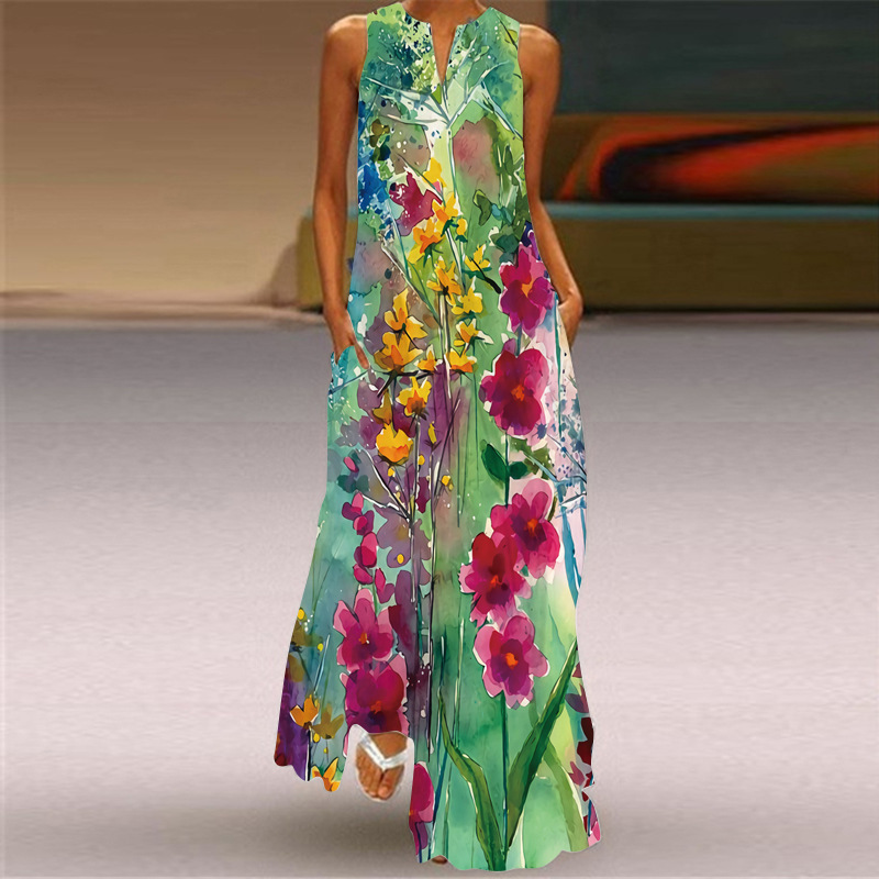 Sleeveless Long Skirt V-Neck Printed Emerald Flower Dress