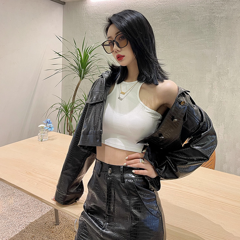 Fashion Two-piece Leather Jacket Half-length Leather Skirt