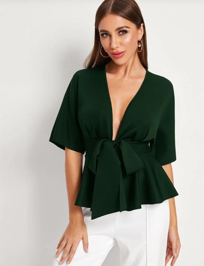 Women'S Deep V Sexy Ruffled Hem Belted Shirt
