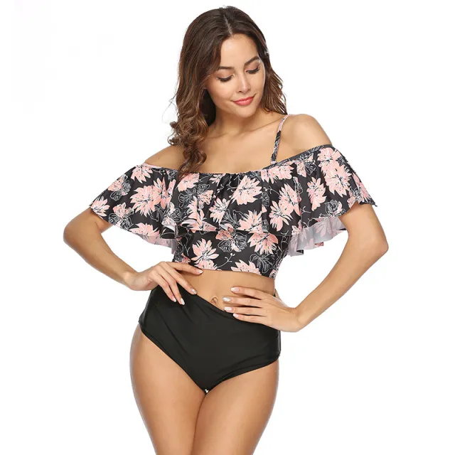 European And American Ruffled Multicolor Printed Bikini Black - Shop at LoveMi