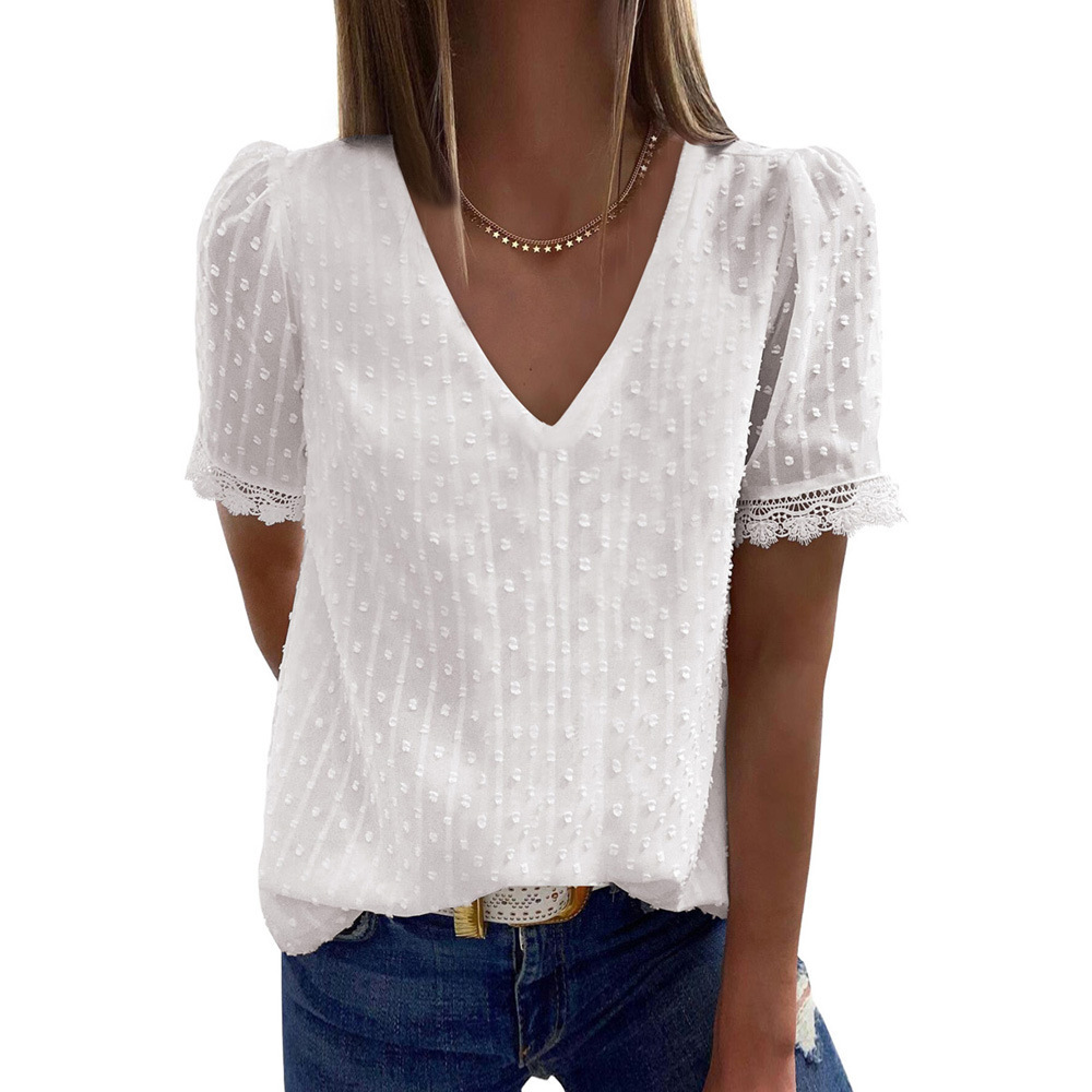 Title 3, Pure Color Simple Chiffon Shirt Deep V-Neck Sho...