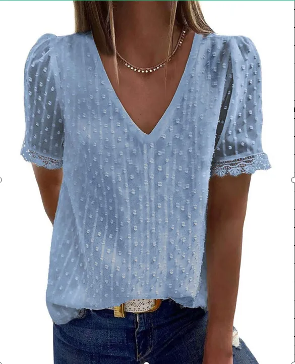 Pure Color Simple Chiffon Shirt Deep V Neck Short Sleeved T Shirt Blue - Shop at LoveMi