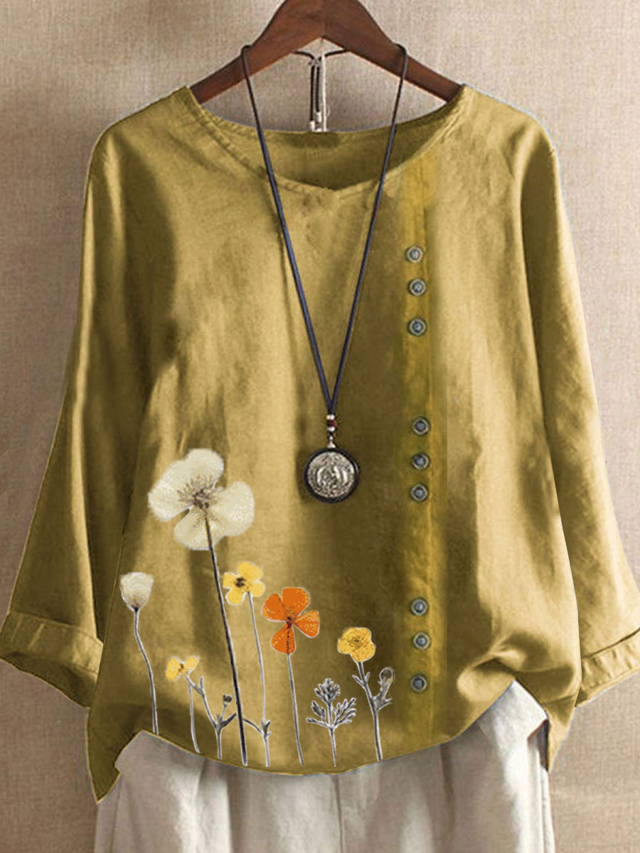 Women's Printed Round Neck Plus Size T Shirt Long Sleeved Top