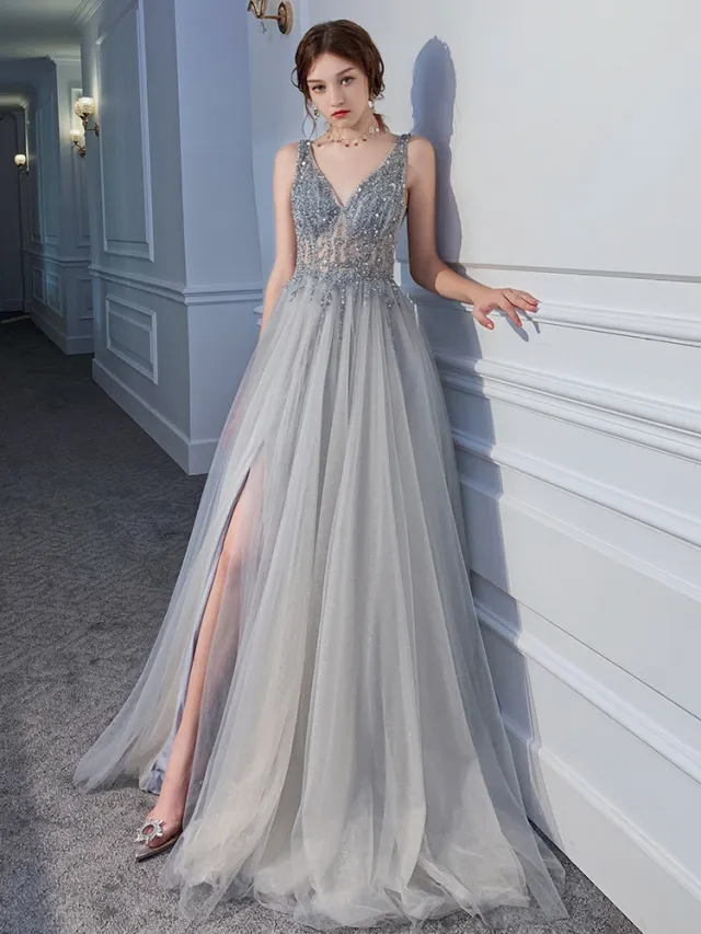 Thin V neck Sexy Backless Sequin Dress Silver Gray - Shop at LoveMi