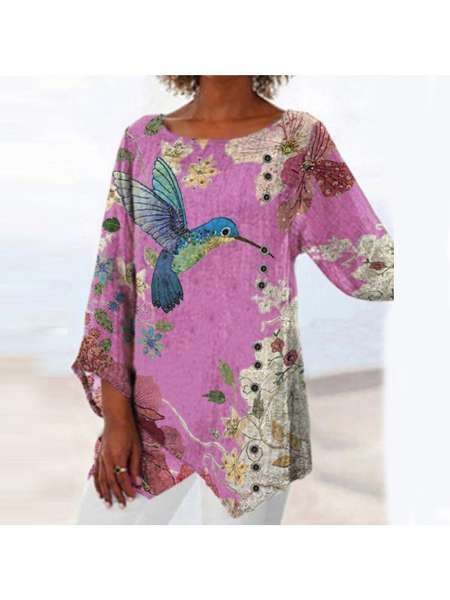 European And American Summer Round Neck Printed Irregular Top Long Sleeve T-Shirt Women