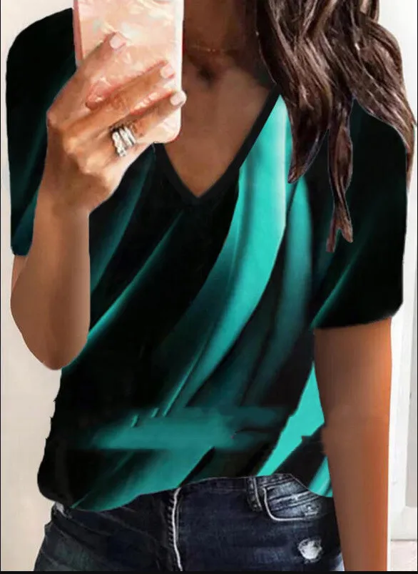 Summer New Female Print V Neck Short Sleeved T Shirt Green - Shop at LoveMi