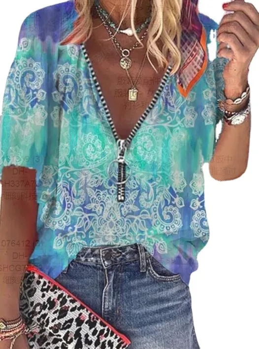 Fashion Trend Loose Short Sleeve Base Temperament V Neck Pullover Short Sleeve Blue - Shop at LoveMi