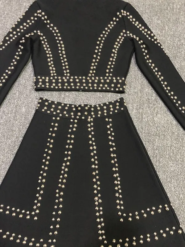 Round Neck Long sleeved Temperament Slim Bandage Skirt Suit Black - Shop at LoveMi