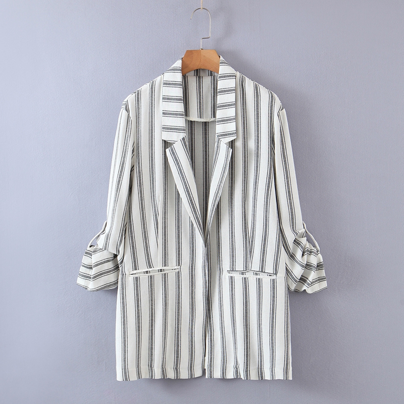 Women's Fashion Casual Rolled-up Sleeves Buttonless Striped Suit