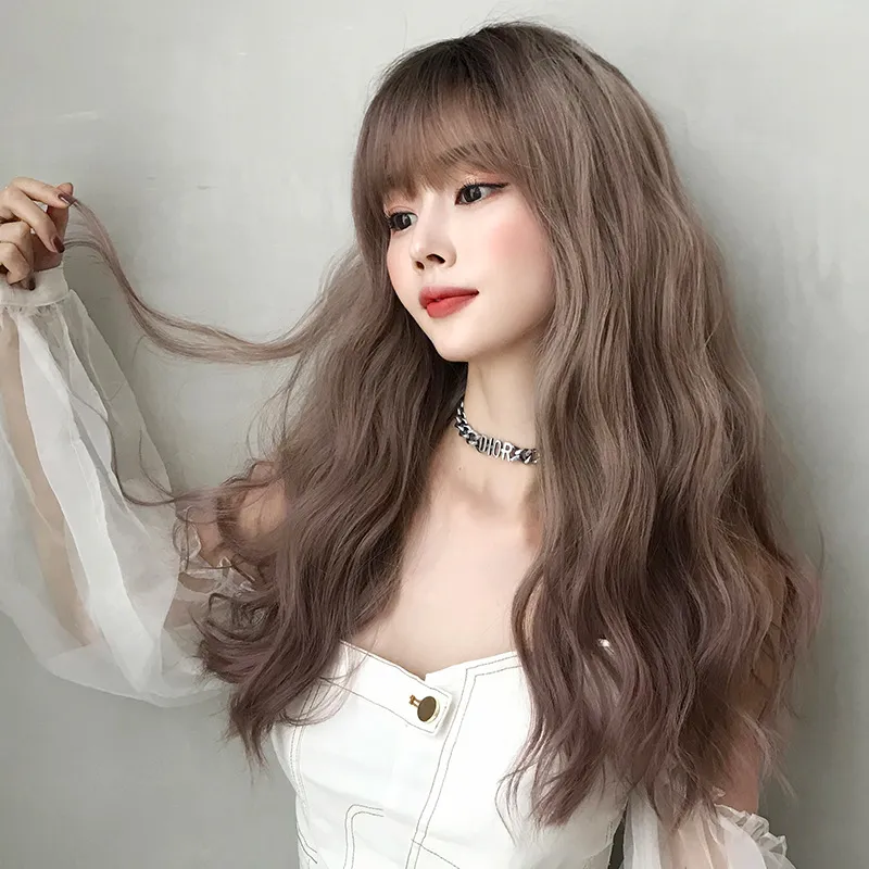 Wig Female Long Hair Slightly Curly Wavy Natural Fluffy Full Top Hair Cover - Soot Pink