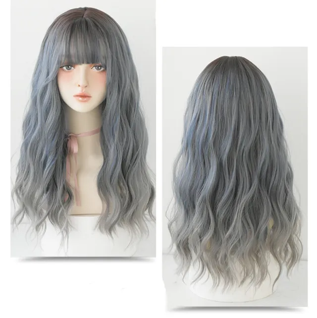 Wig Female Long Hair Slightly Curly Wavy Natural Fluffy Full Top Hair Cover Fog Blue Grey - Shop at LoveMi