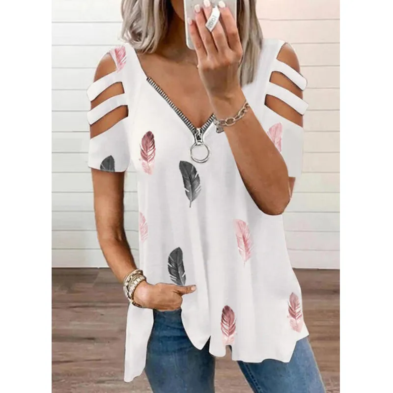V-neck Stripe Stitching Off-the-shoulder Short Sleeves - White