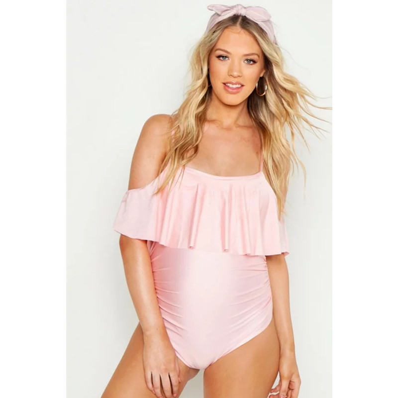 One-piece Swimsuit One-shoulder Ruffled Solid Color Maternity Swimsuit