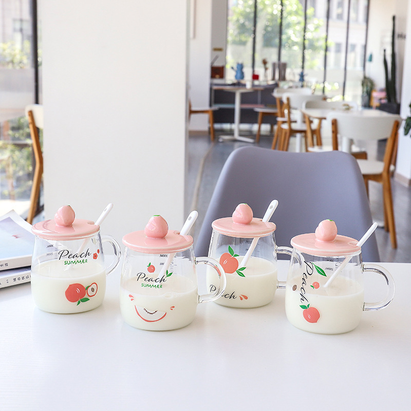 Graduated Glass Cup With Lid Student Milk Cup