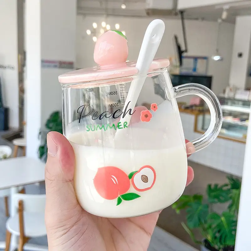Graduated Glass Cup With Lid Student Milk Cup