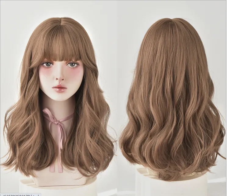 Natural Full Headgear Style Long Curly Hair With Air Bangs - Honey Tea Linen 52Cm