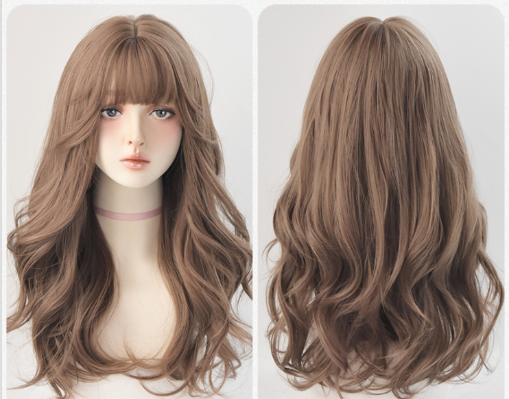 Bangs Net Red Round Face Big Waves Fluffy Full Head Honey Tea Linen 65Cm - Shop at LoveMi
