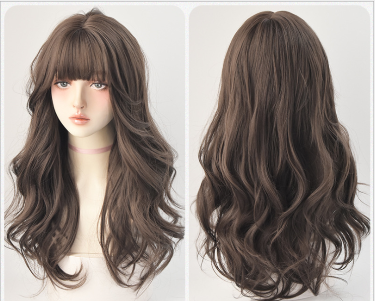 Bangs Net Red Round Face Big Waves Fluffy Full Head Cold Brown 65Cm - Shop at LoveMi