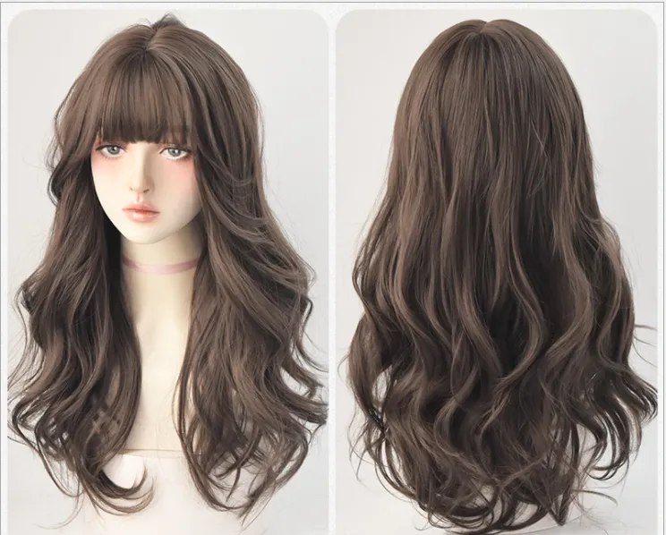 Bangs Net Red Round Face Big Waves Fluffy Full Head - Cold Brown 65Cm