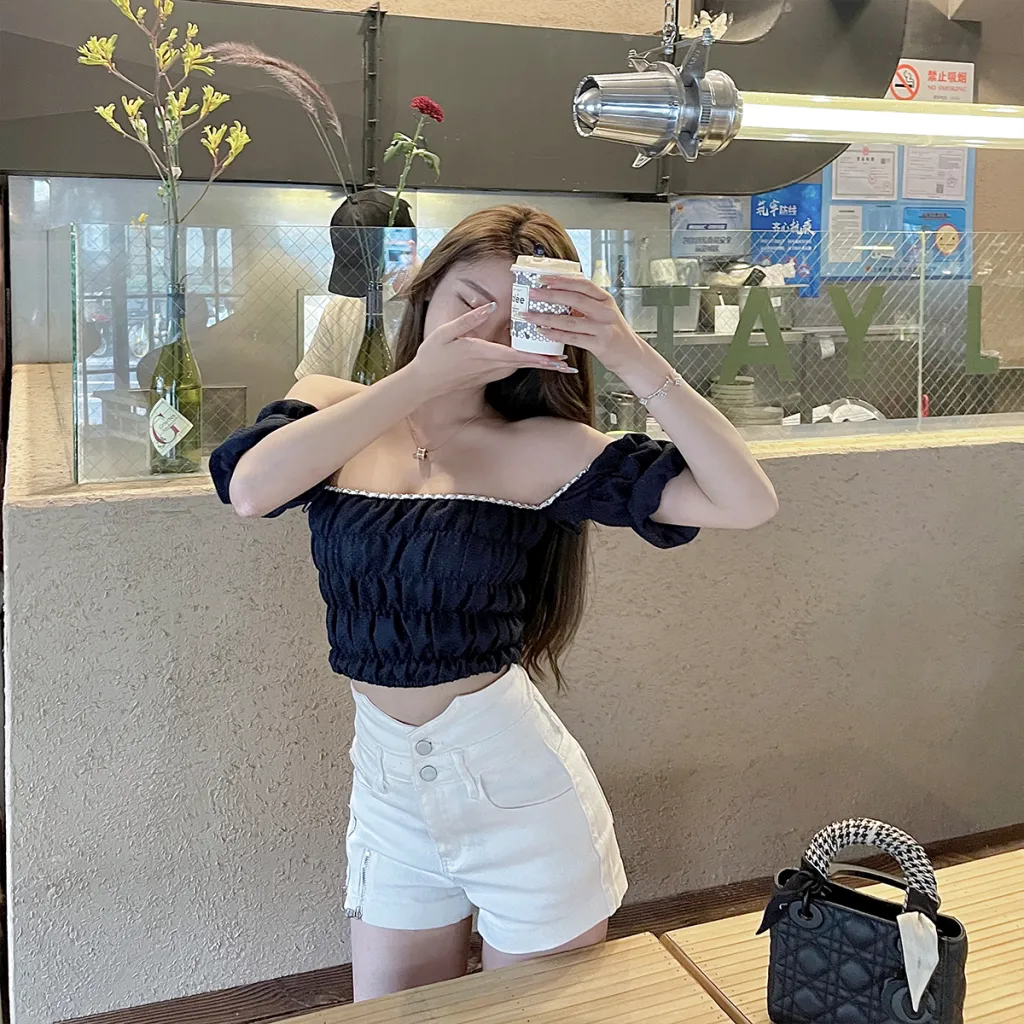 Xiyao Tibetan blue white short sleeve T-shirt women''s summer new pure desire style design sense one shoulder short vest top - Navy