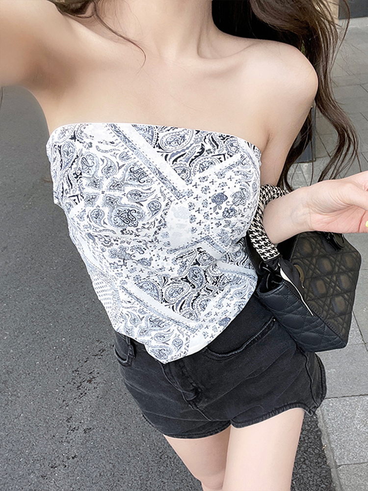 Title 4, Retro Print Tube Top Women Summer New Cashew Fl...