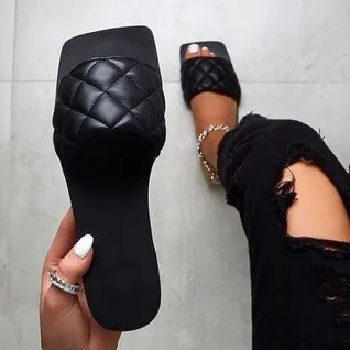 Sandals Summer Women Slippers Flats Pu Leather Solid Peep Toe Sewing - Black
