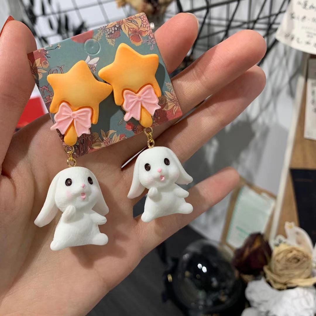 Original New Funny Personality Rabbit Plaid Flower Long Fashion 925 Silver Cartoon Earrings Female Eating Radish