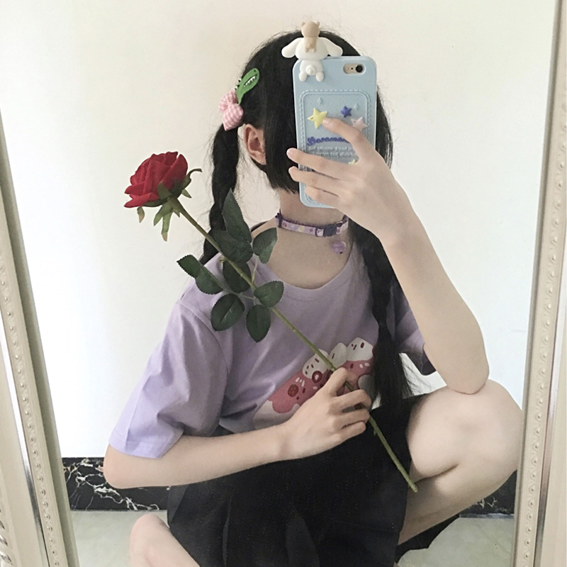 Japanese Original Printing Cute Bread Short-sleeved T-shirt Female Tide Student Bf Wind Loose Wild Cotton Top