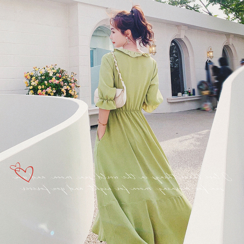 Summer New French Retro Dress First Love Sweet Bellflower Gentle Wind Pure Color Temperament Tea Break Skirt