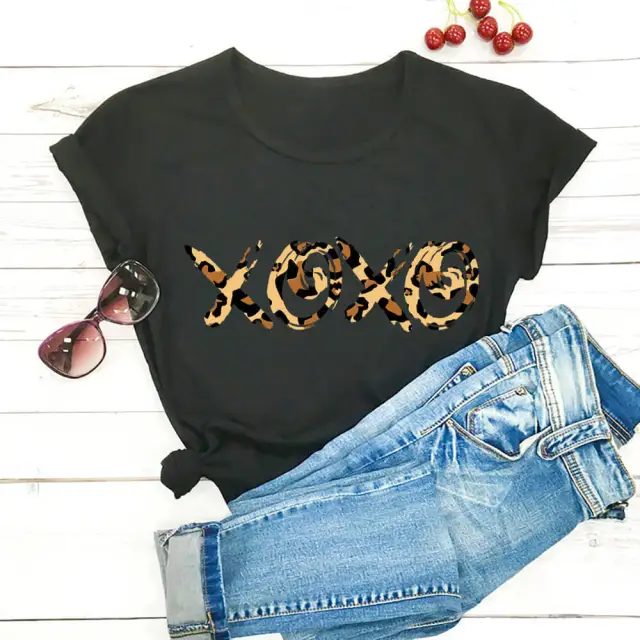 Valentine's Day New Leopard Print T shirt Round Neck Short sleeved Foreign Trade T shirt Black - Shop at LoveMi