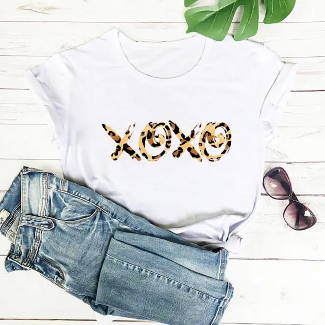 Valentine's Day New Leopard Print T shirt Round Neck Short sleeved Foreign Trade T shirt White - Shop at LoveMi