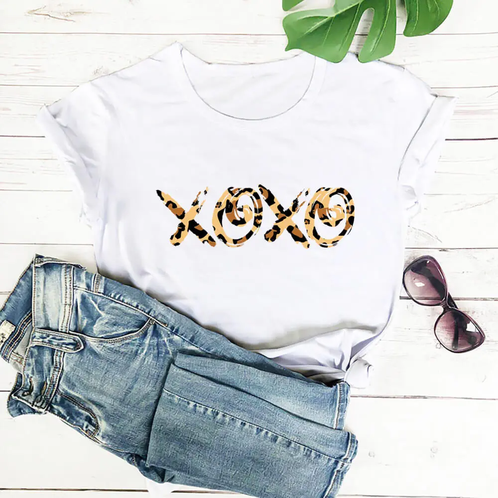Valentine's Day New Leopard Print T-shirt Round Neck Short-sleeved Foreign Trade T-shirt - White