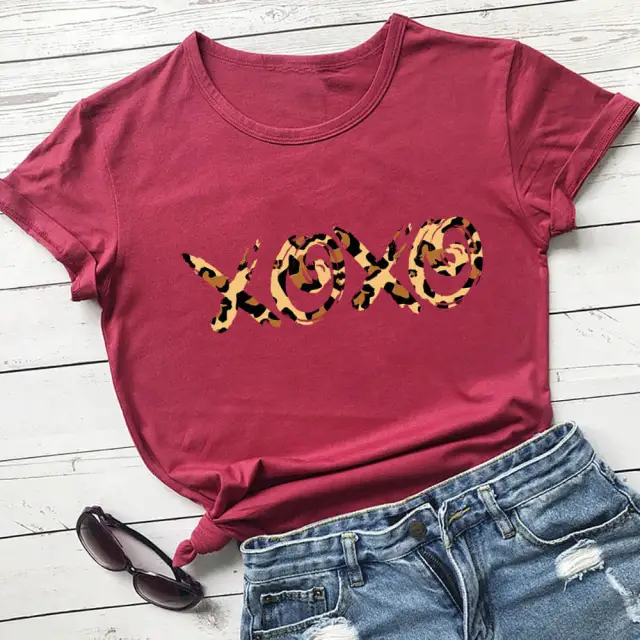 Valentine's Day New Leopard Print T shirt Round Neck Short sleeved Foreign Trade T shirt Red - Shop at LoveMi